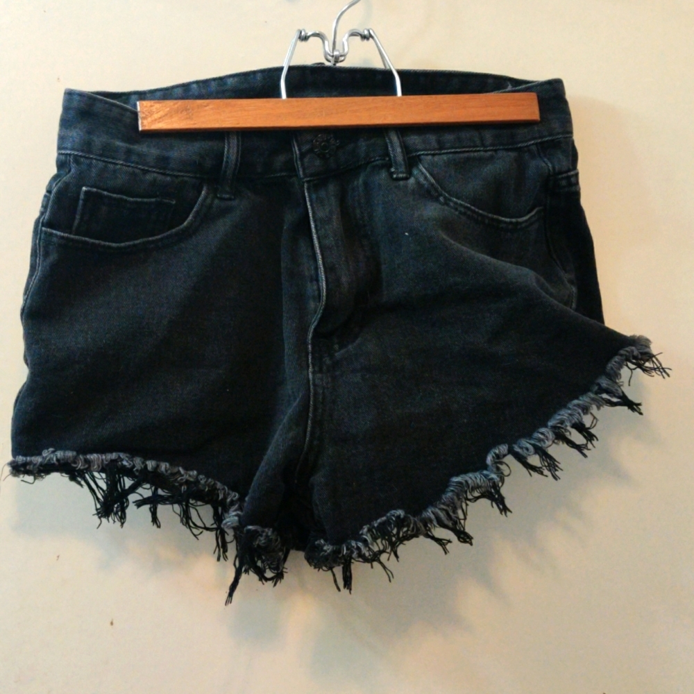 SheIn M Distressed Black Denim Shorts with Flame Embroidery on Pockets